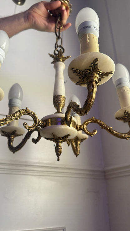 Vintage Italian Alabaster Chandelier, Brass Bronze 5 Arm Light, Mid Century Ceiling Light