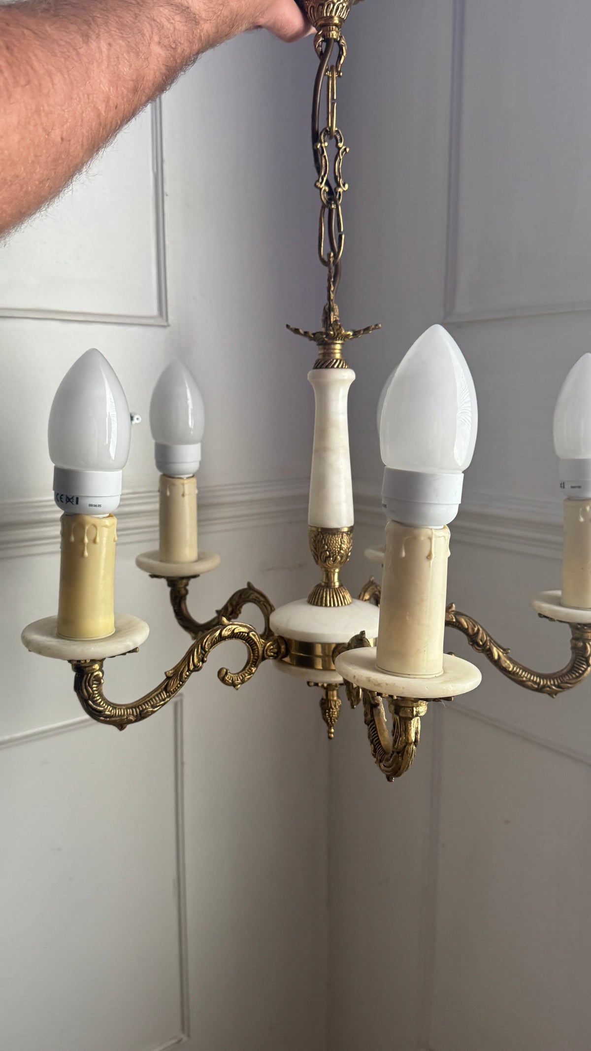 Vintage Italian Alabaster Chandelier, Brass Bronze 5 Arm Light, Mid Century Ceiling Light