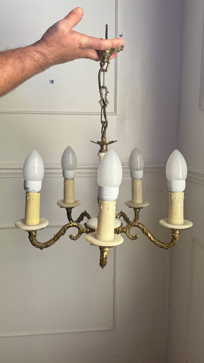 Vintage Italian Alabaster Chandelier, Brass Bronze 5 Arm Light, Mid Century Ceiling Light