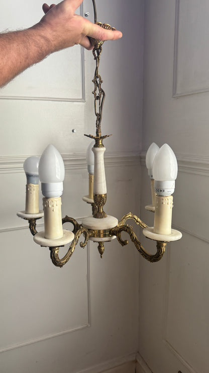 Vintage Italian Alabaster Chandelier, Brass Bronze 5 Arm Light, Mid Century Ceiling Light