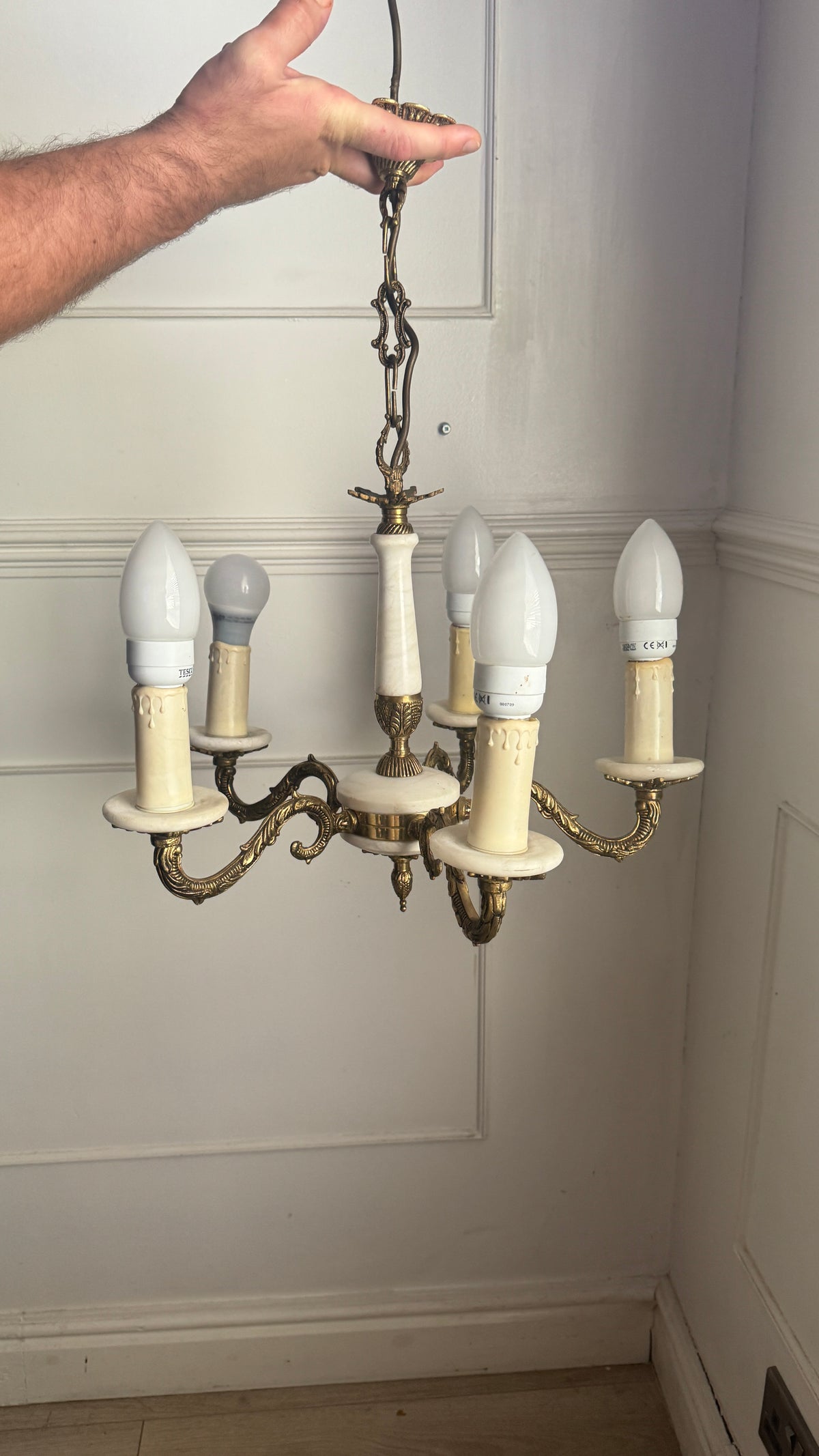 Vintage Italian Alabaster Chandelier, Brass Bronze 5 Arm Light, Mid Century Ceiling Light