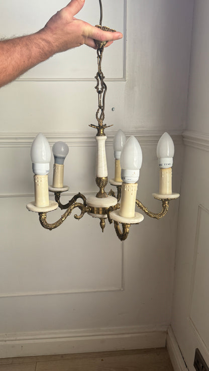 Vintage Italian Alabaster Chandelier, Brass Bronze 5 Arm Light, Mid Century Ceiling Light