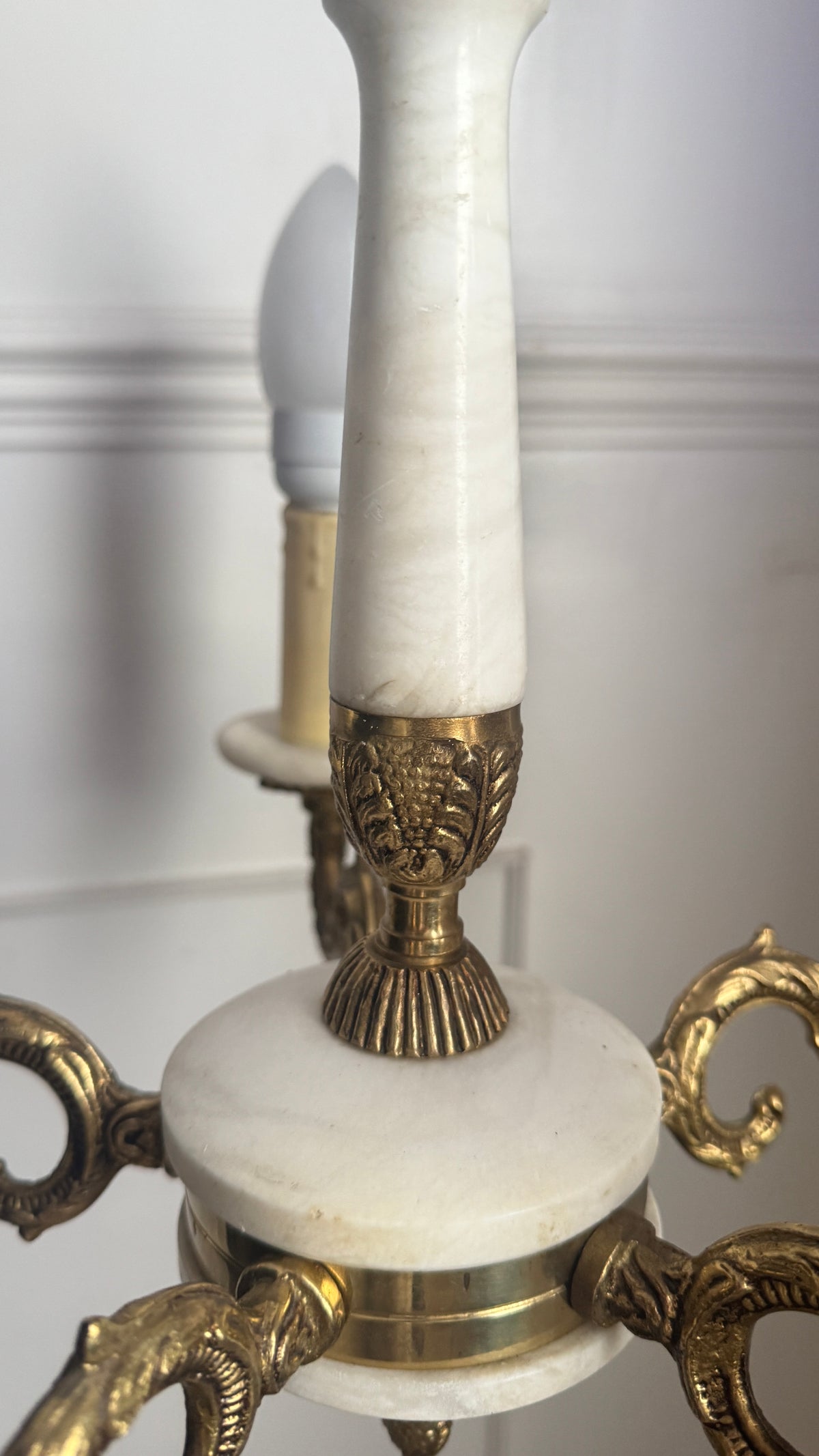 Vintage Italian Alabaster Chandelier, Brass Bronze 5 Arm Light, Mid Century Ceiling Light