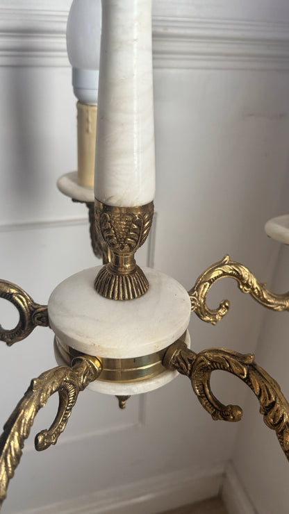 Vintage Italian Alabaster Chandelier, Brass Bronze 5 Arm Light, Mid Century Ceiling Light