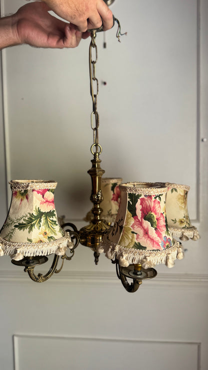 Vintage Satin Brass Lighting — 5-Arm Chandelier with Floral Shades