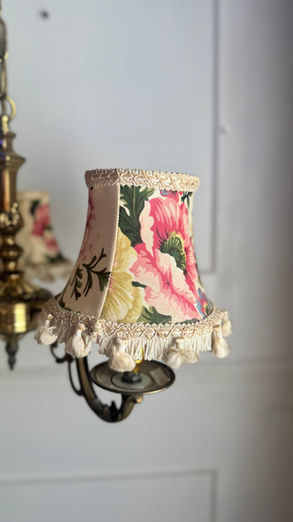 Vintage Satin Brass Lighting — 5-Arm Chandelier with Floral Shades