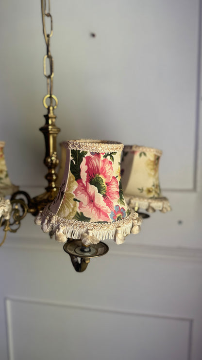 Vintage Satin Brass Lighting — 5-Arm Chandelier with Floral Shades