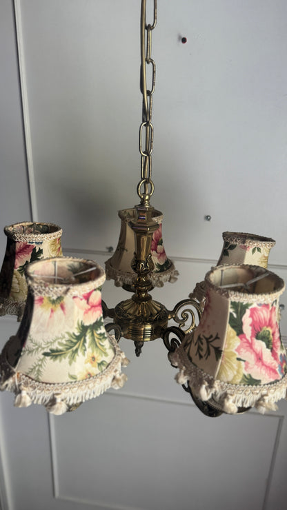 Vintage Satin Brass Lighting — 5-Arm Chandelier with Floral Shades