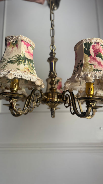 Vintage Satin Brass Lighting — 5-Arm Chandelier with Floral Shades
