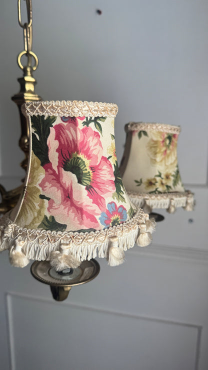 Vintage Satin Brass Lighting — 5-Arm Chandelier with Floral Shades
