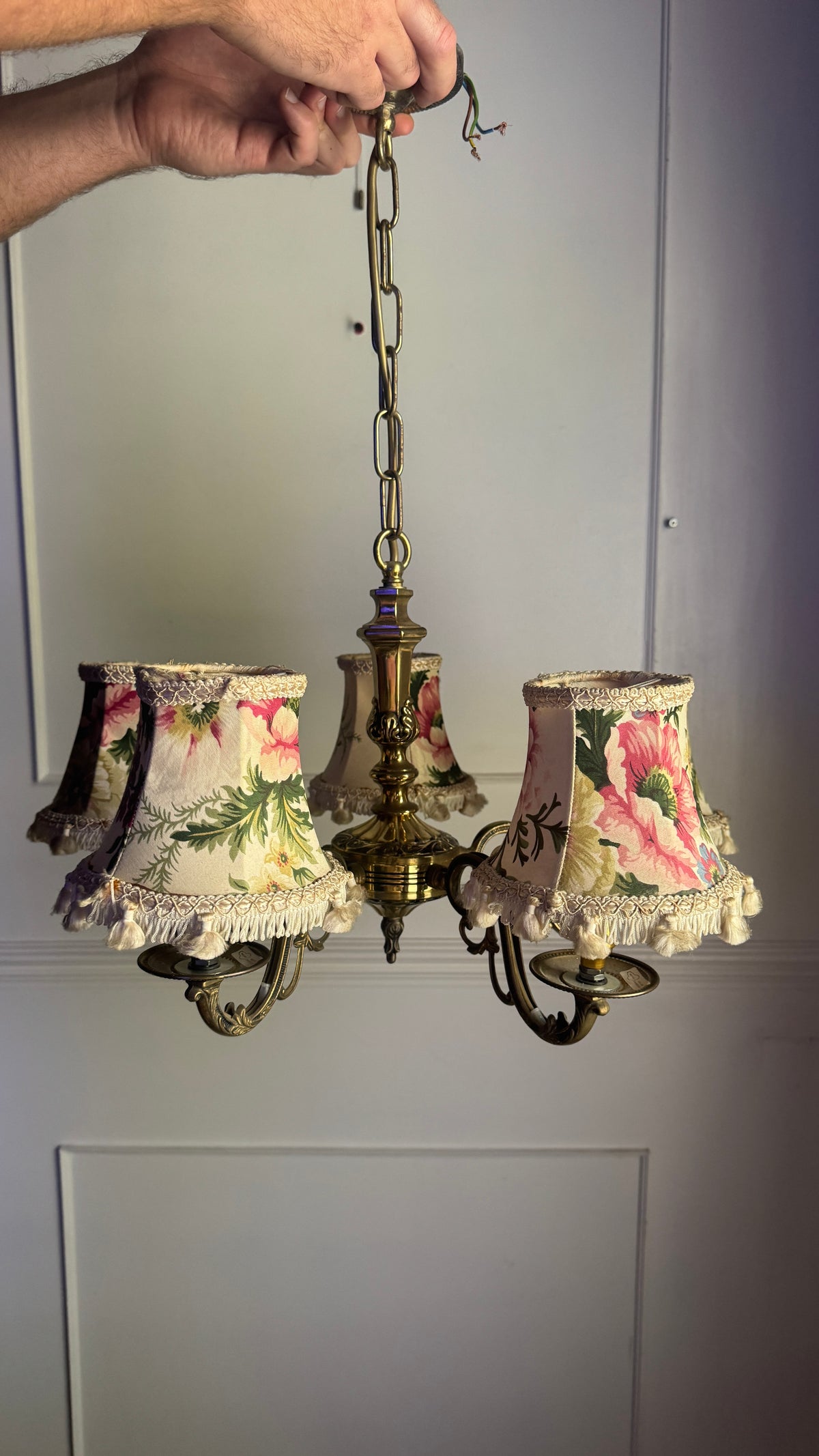 Vintage Satin Brass Lighting — 5-Arm Chandelier with Floral Shades