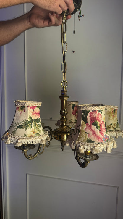 Vintage Satin Brass Lighting — 5-Arm Chandelier with Floral Shades