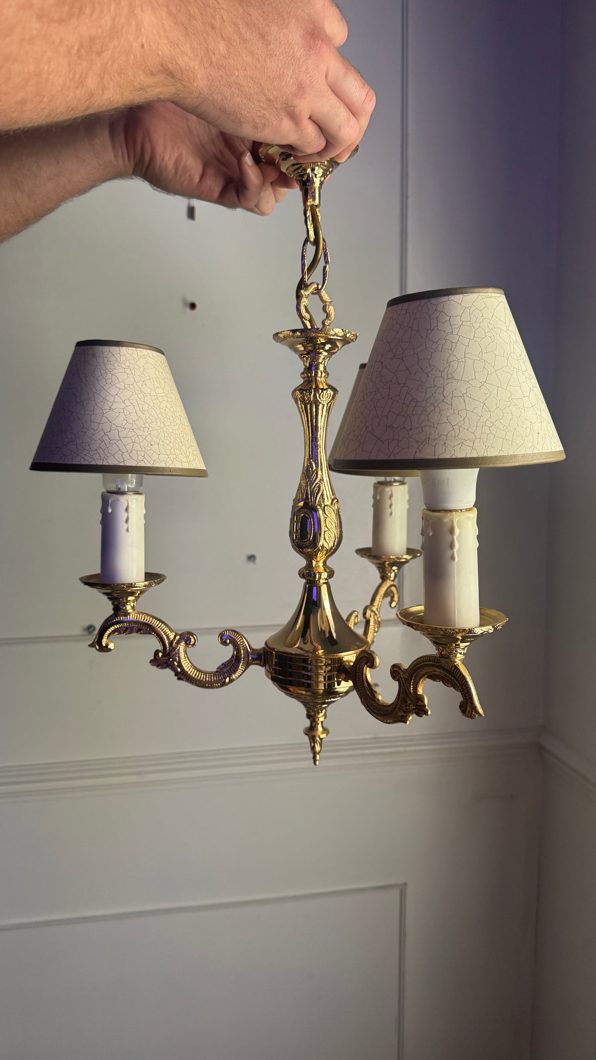 Vintage French Polished Brass Triple Light Chandelier with Shades