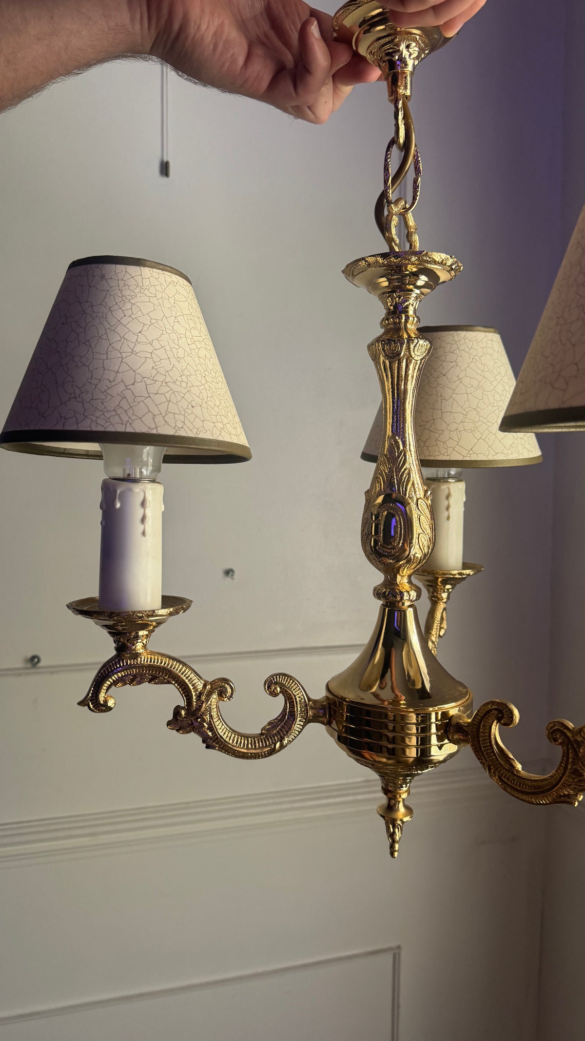 Vintage French Polished Brass Triple Light Chandelier with Shades