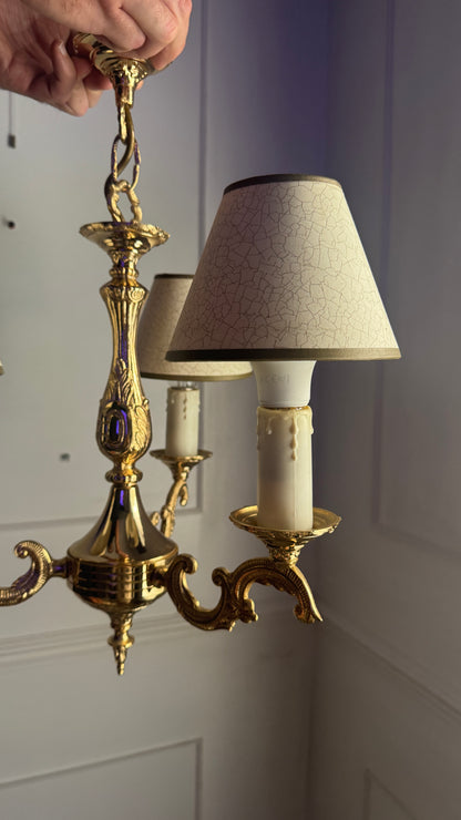 Vintage French Polished Brass Triple Light Chandelier with Shades