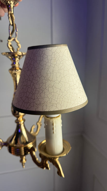 Vintage French Polished Brass Triple Light Chandelier with Shades