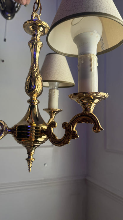 Vintage French Polished Brass Triple Light Chandelier with Shades