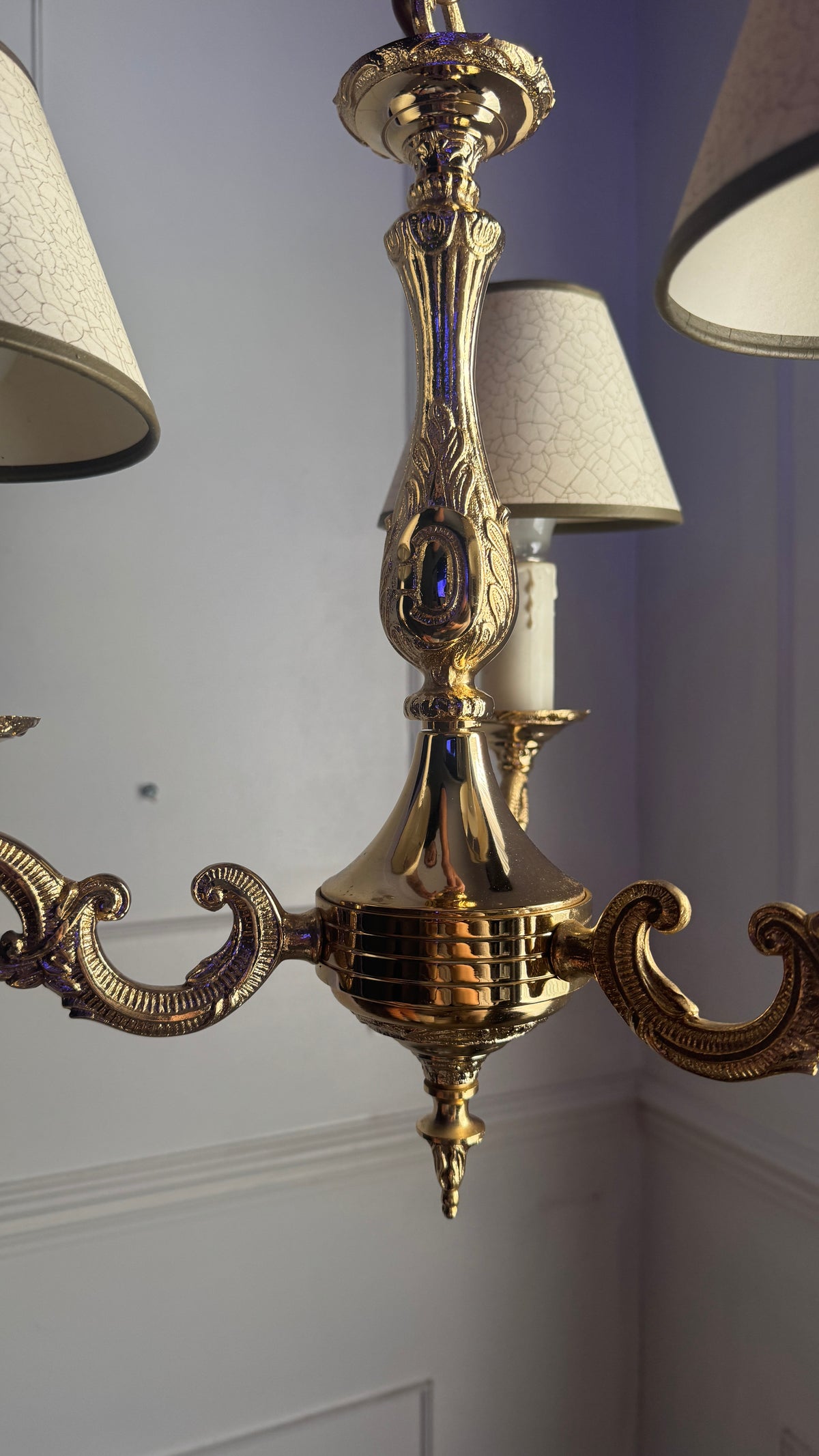 Vintage French Polished Brass Triple Light Chandelier with Shades
