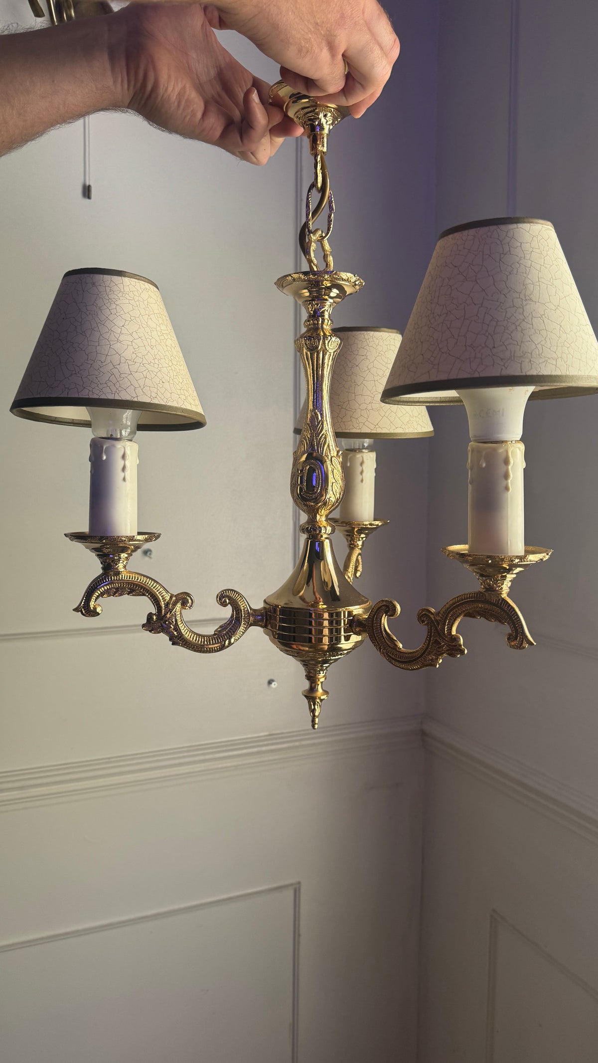 Vintage French Polished Brass Triple Light Chandelier with Shades