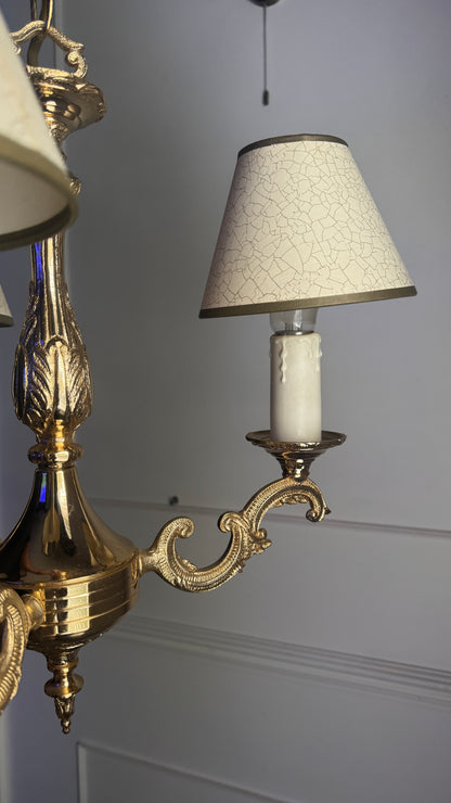 Vintage French Polished Brass Triple Light Chandelier with Shades