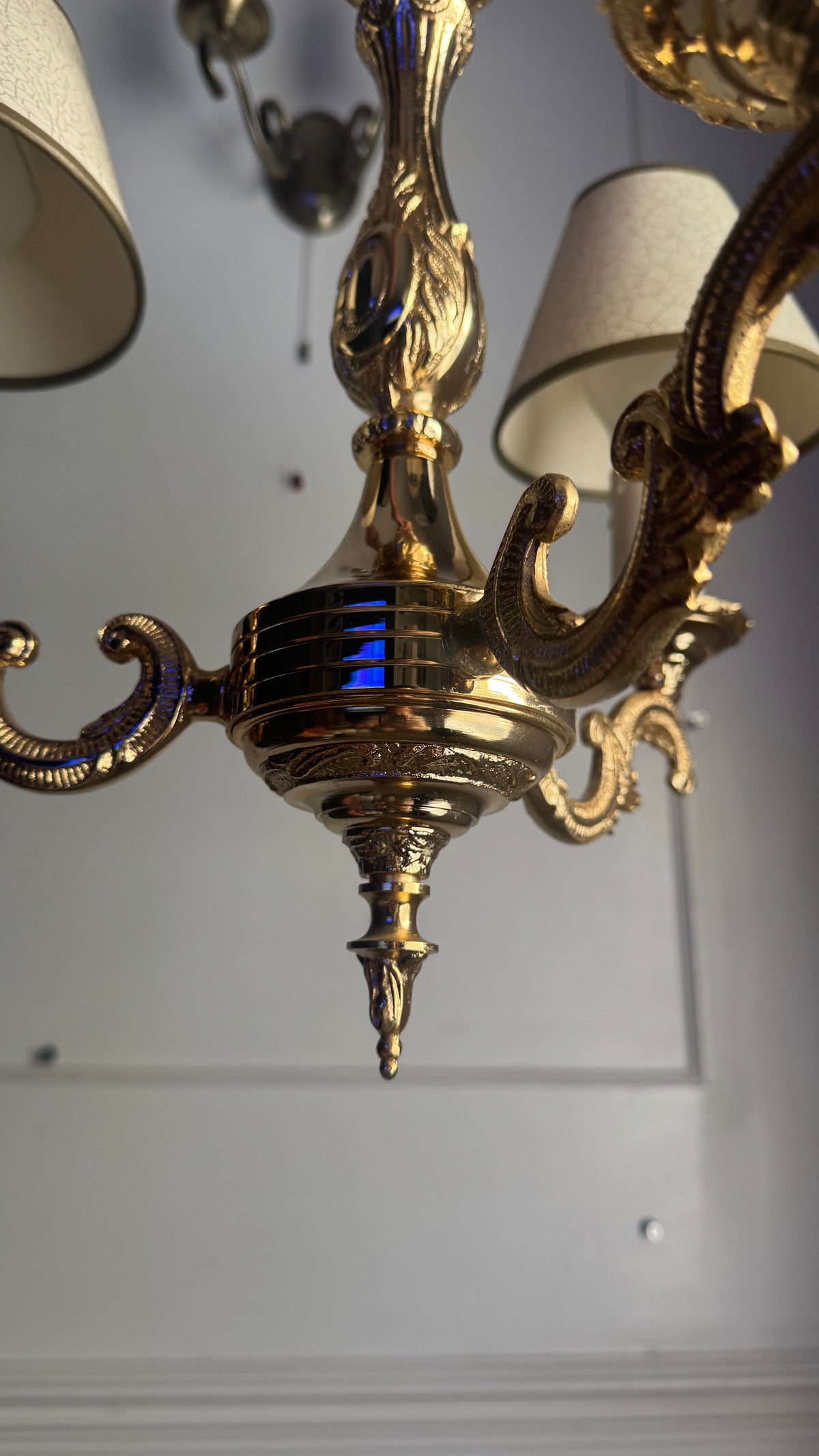 Vintage French Polished Brass Triple Light Chandelier with Shades
