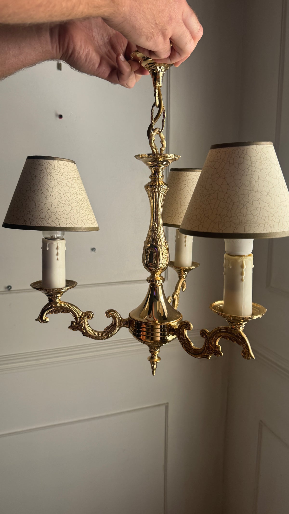 Vintage French Polished Brass Triple Light Chandelier with Shades