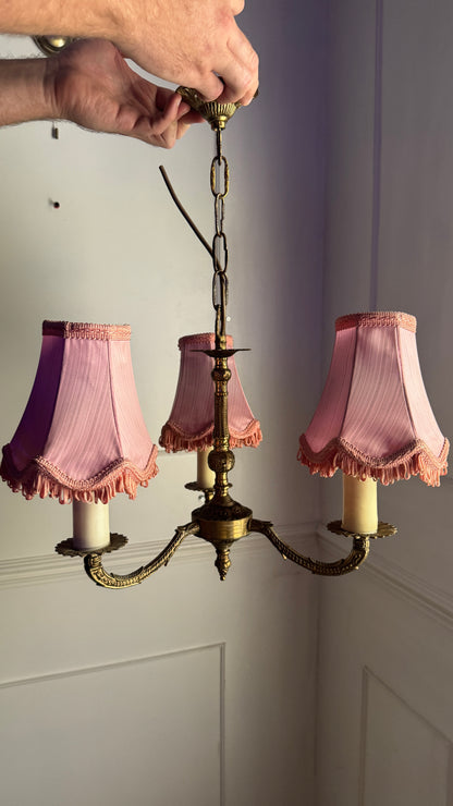 Curved French Antique Brass 3 Arm Chandelier with Pink Shades