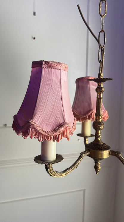 Curved French Antique Brass 3 Arm Chandelier with Pink Shades