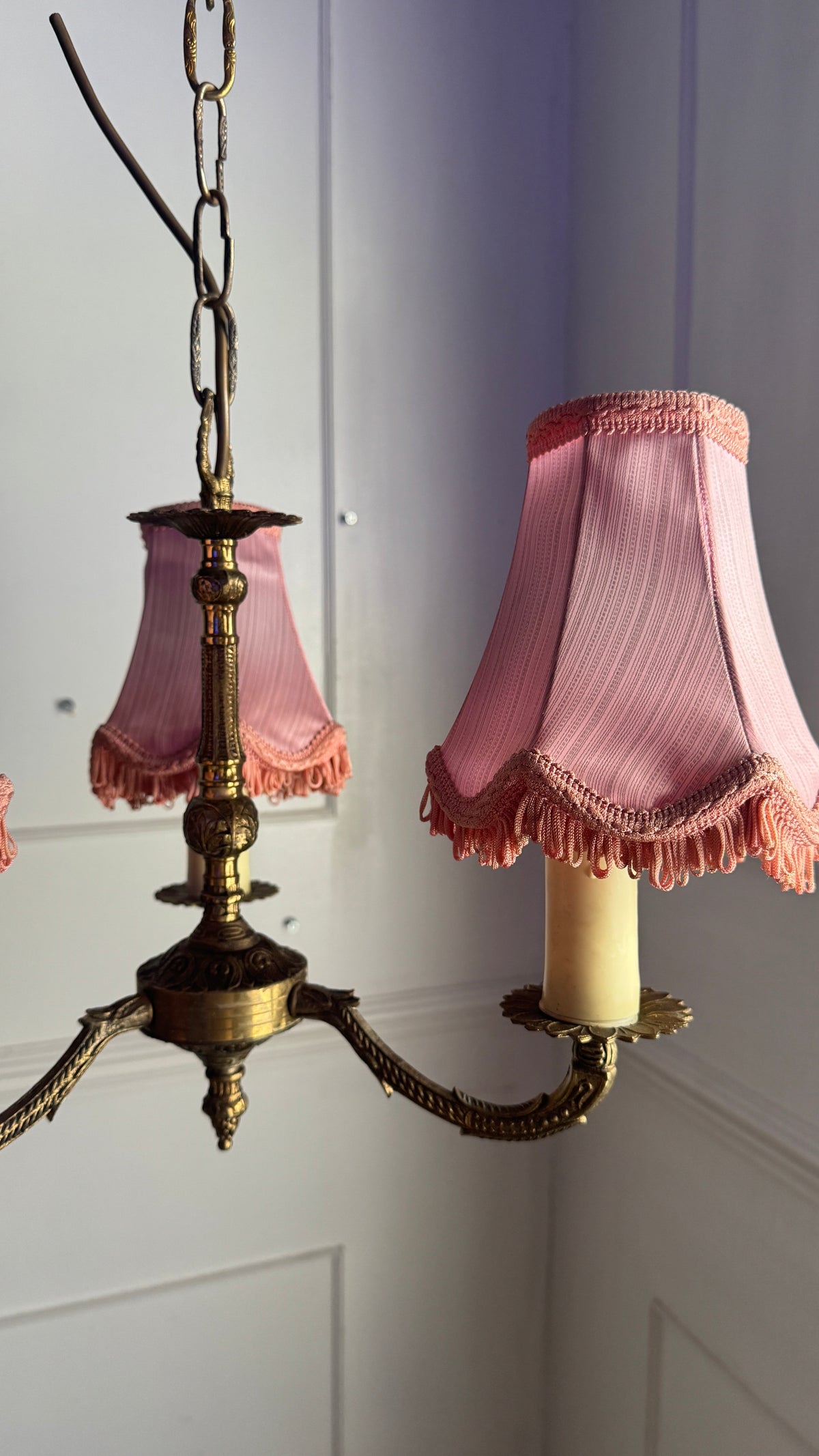 Curved French Antique Brass 3 Arm Chandelier with Pink Shades