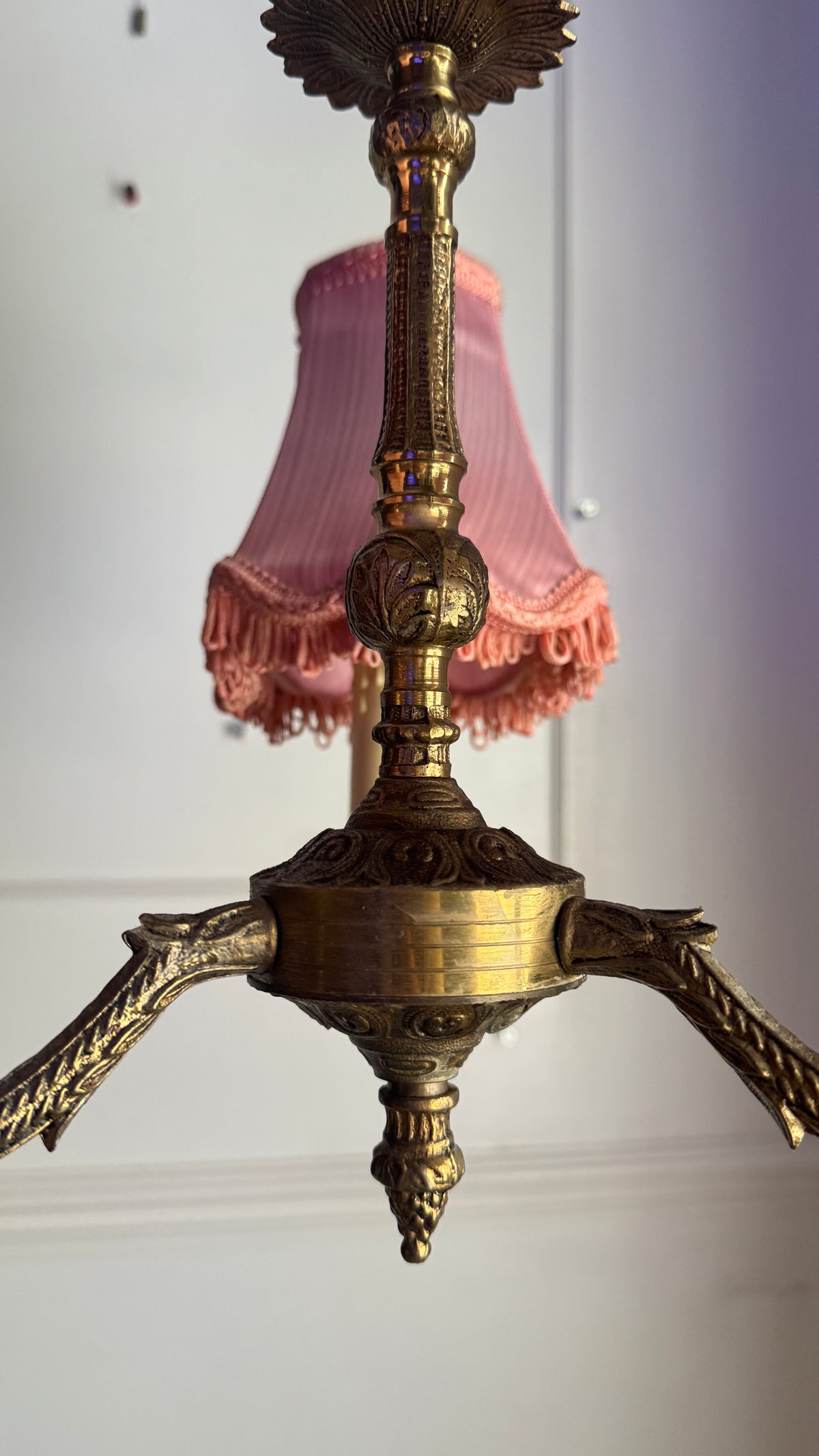 Curved French Antique Brass 3 Arm Chandelier with Pink Shades