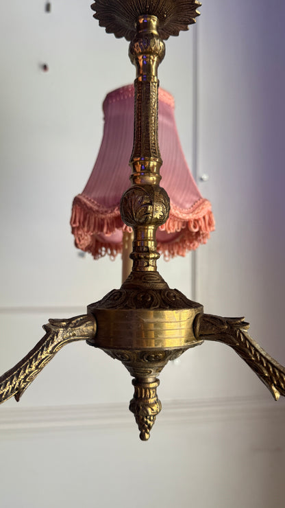 Curved French Antique Brass 3 Arm Chandelier with Pink Shades