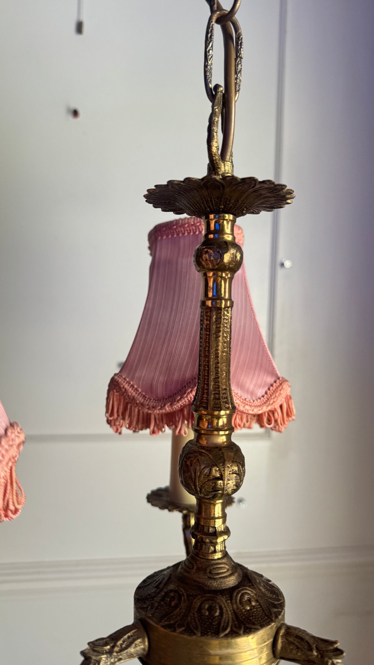 Curved French Antique Brass 3 Arm Chandelier with Pink Shades