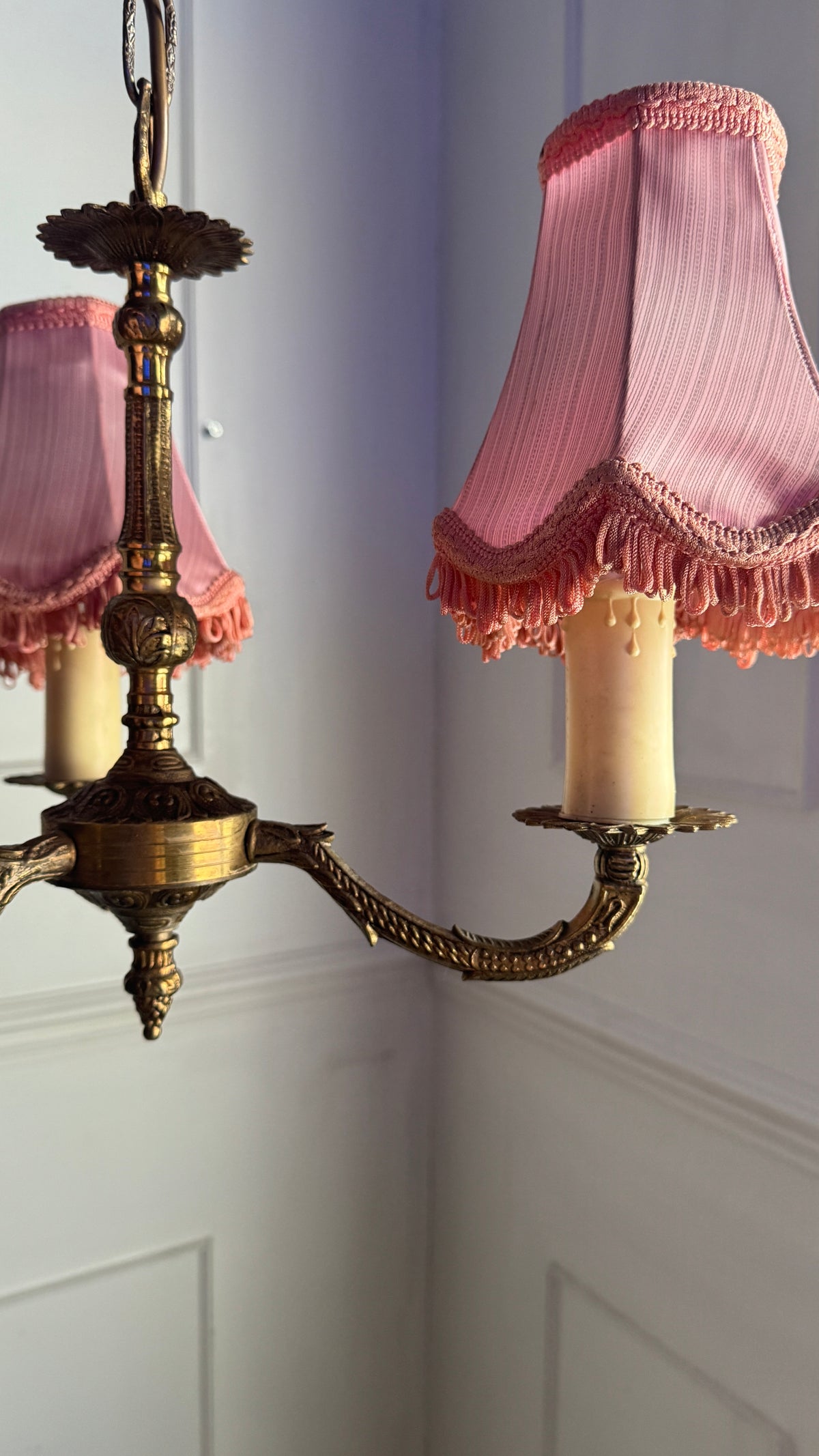 Curved French Antique Brass 3 Arm Chandelier with Pink Shades