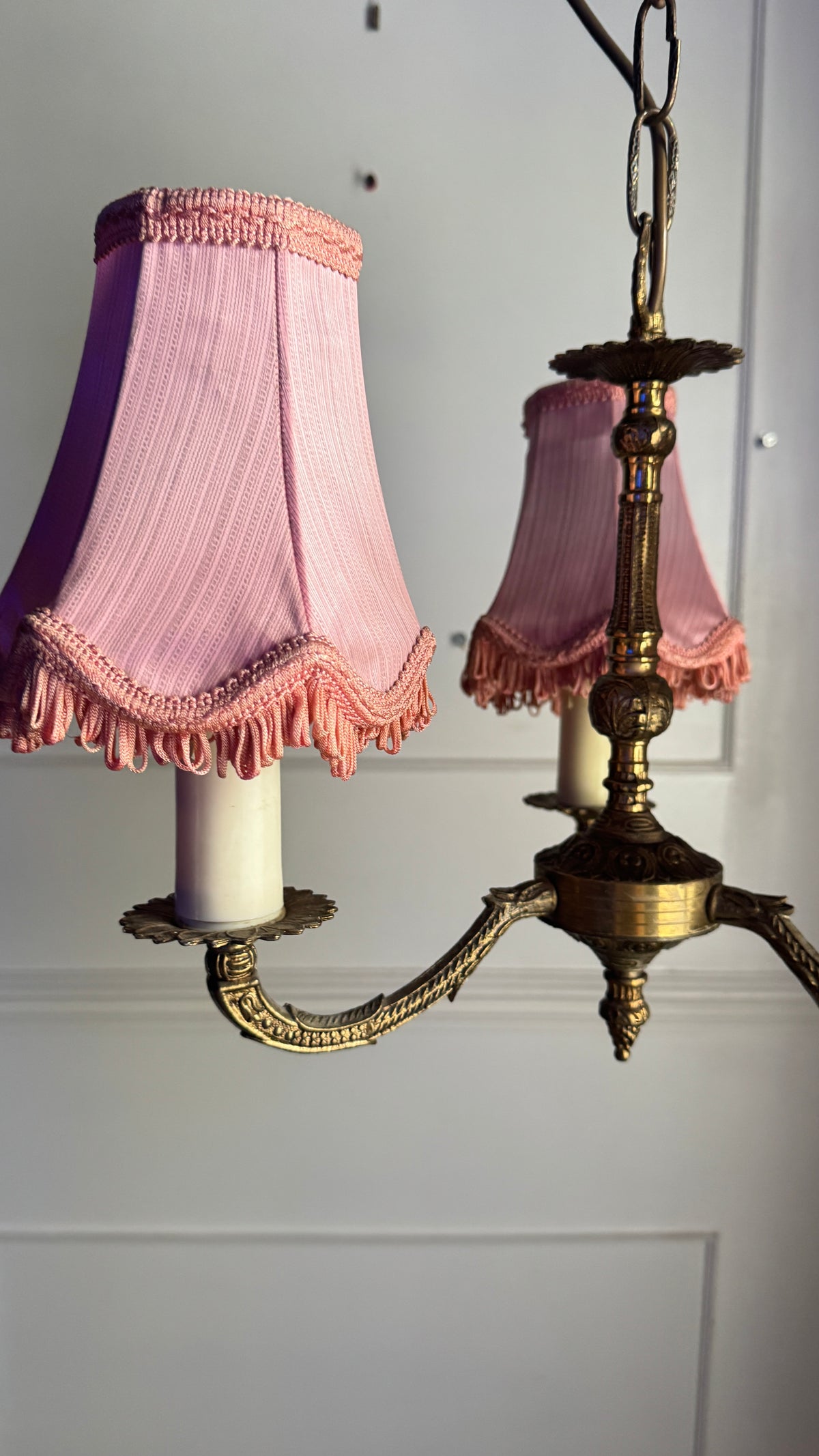 Curved French Antique Brass 3 Arm Chandelier with Pink Shades