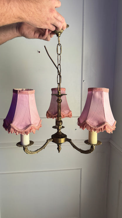 Curved French Antique Brass 3 Arm Chandelier with Pink Shades