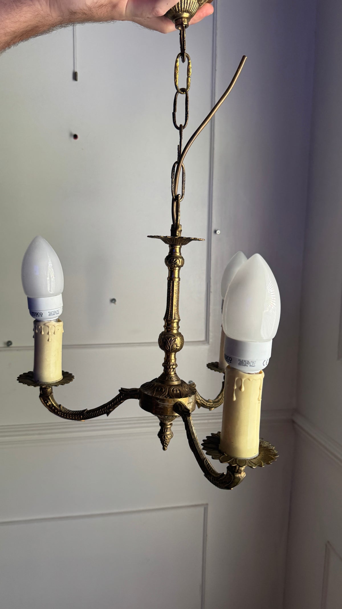 Curved French Antique Brass 3 Arm Chandelier with Pink Shades