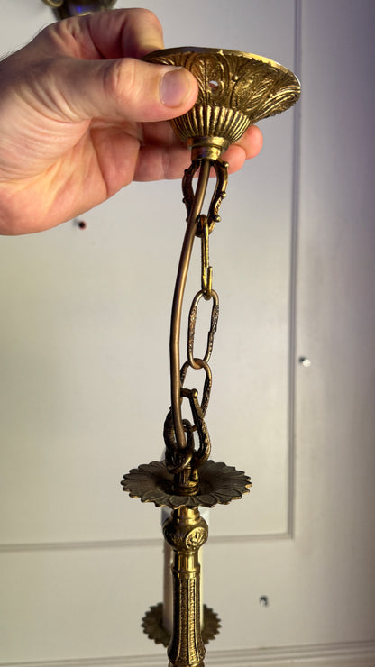 Curved French Antique Brass 3 Arm Chandelier with Pink Shades