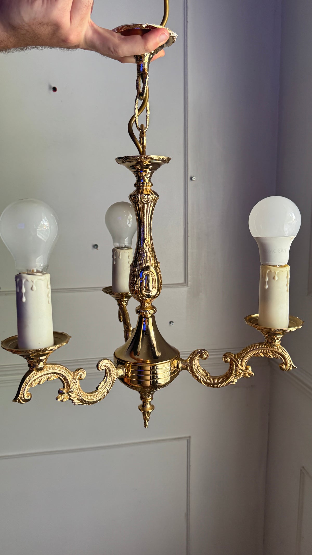 Vintage French Polished Brass Triple Light Chandelier with Shades