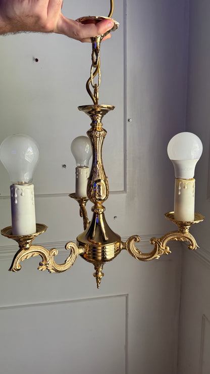 Vintage French Polished Brass Triple Light Chandelier with Shades