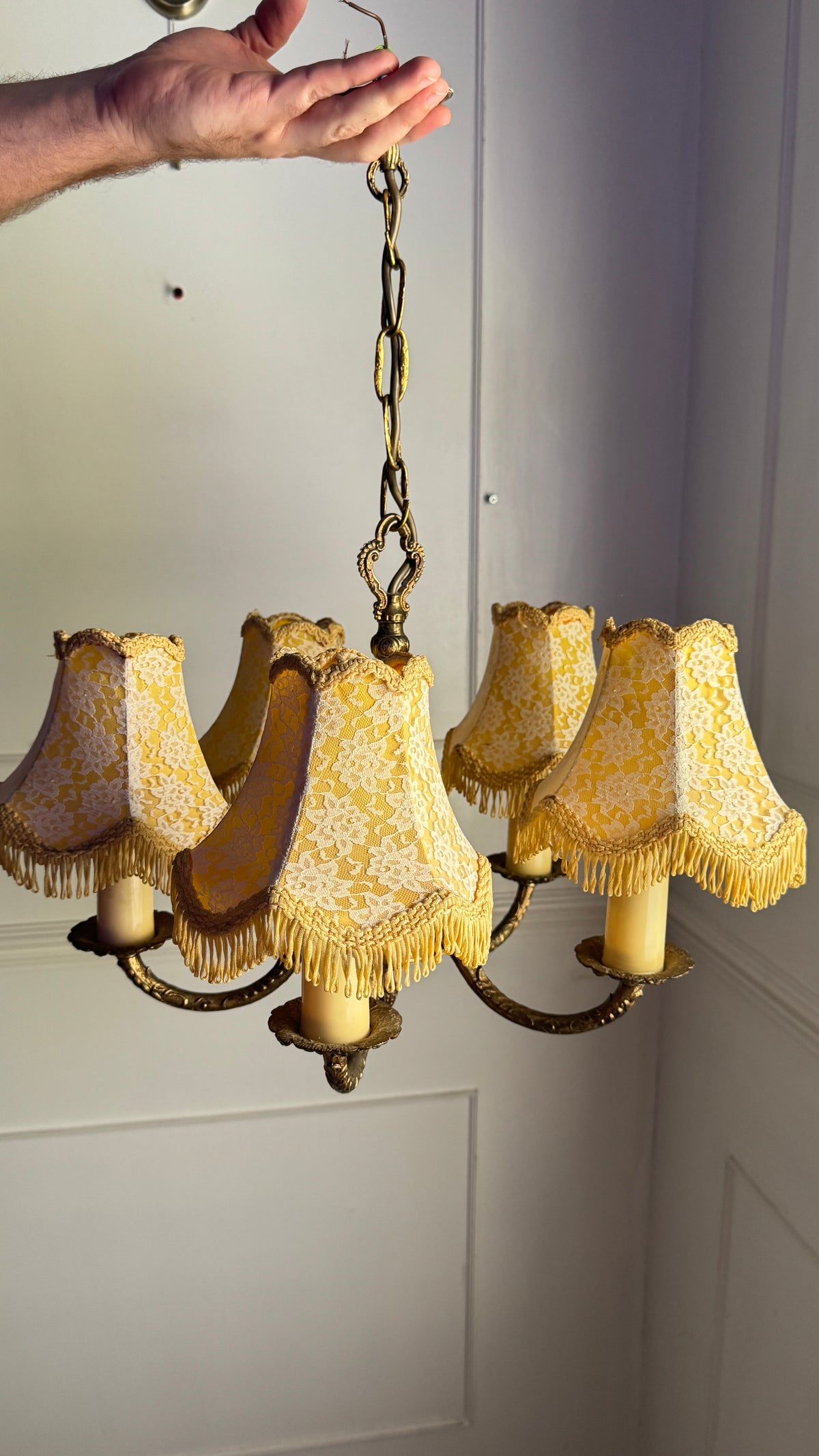 Vintage Brass 5 Arm Chandelier with Lace Tassel Lampshades
