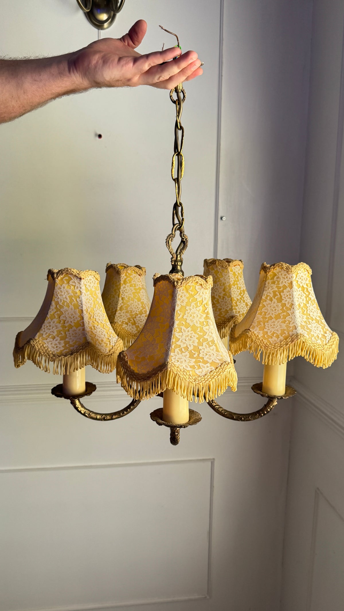 Vintage Brass 5 Arm Chandelier with Lace Tassel Lampshades