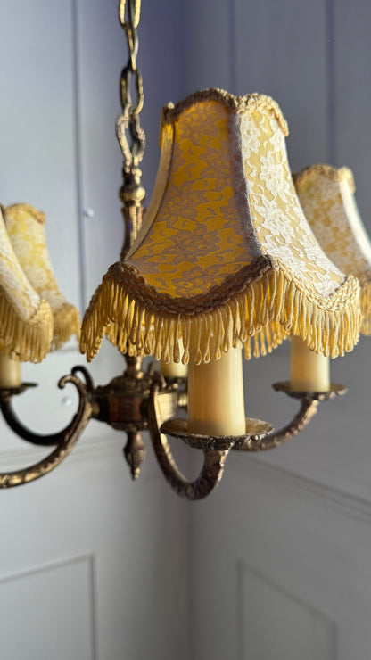 Vintage Brass 5 Arm Chandelier with Lace Tassel Lampshades