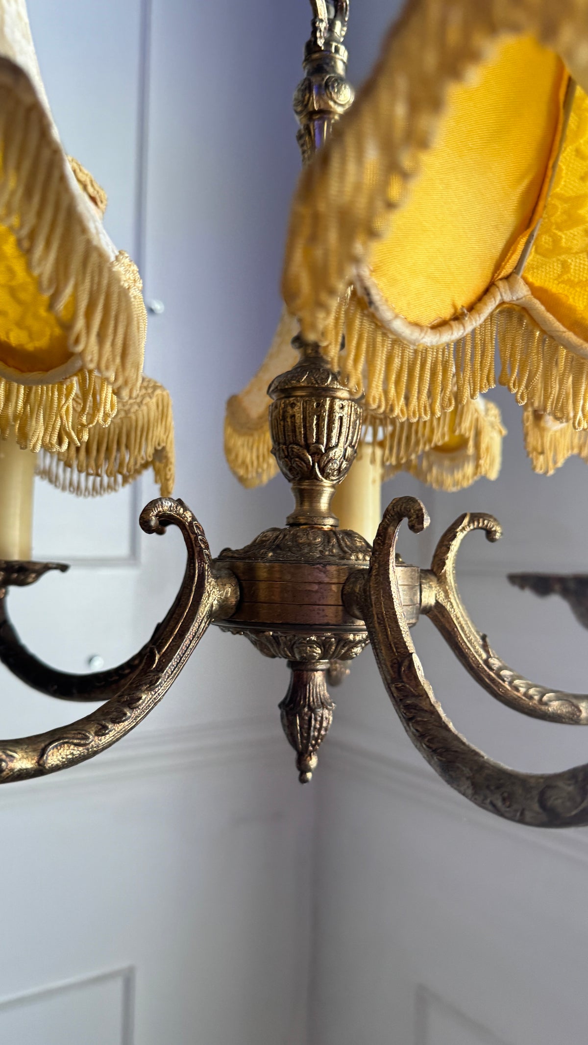 Vintage Brass 5 Arm Chandelier with Lace Tassel Lampshades