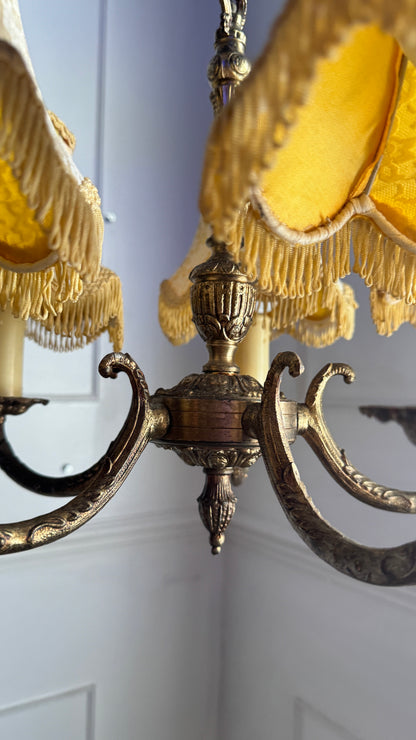 Vintage Brass 5 Arm Chandelier with Lace Tassel Lampshades