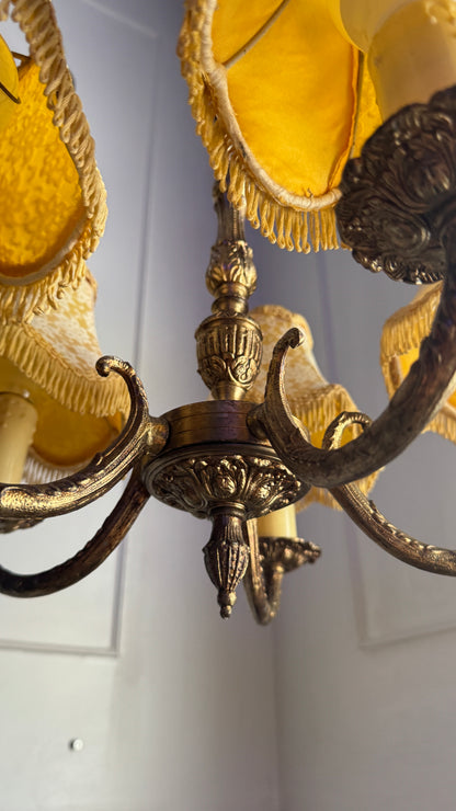Vintage Brass 5 Arm Chandelier with Lace Tassel Lampshades
