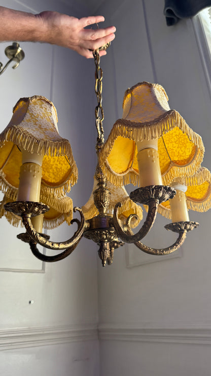 Vintage Brass 5 Arm Chandelier with Lace Tassel Lampshades