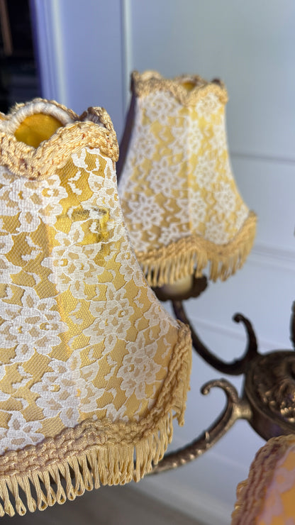 Vintage Brass 5 Arm Chandelier with Lace Tassel Lampshades