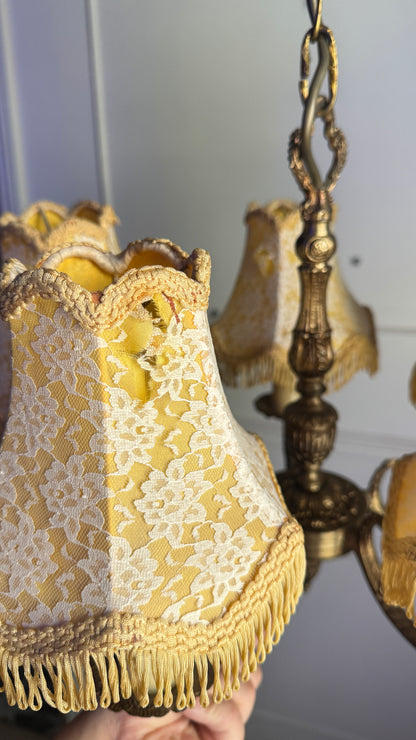 Vintage Brass 5 Arm Chandelier with Lace Tassel Lampshades