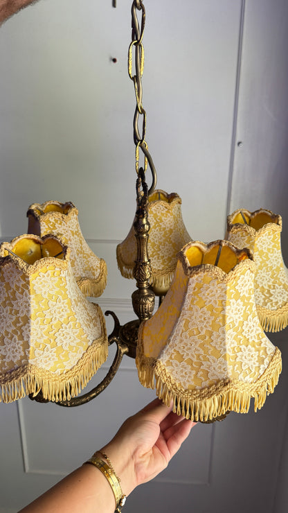 Vintage Brass 5 Arm Chandelier with Lace Tassel Lampshades
