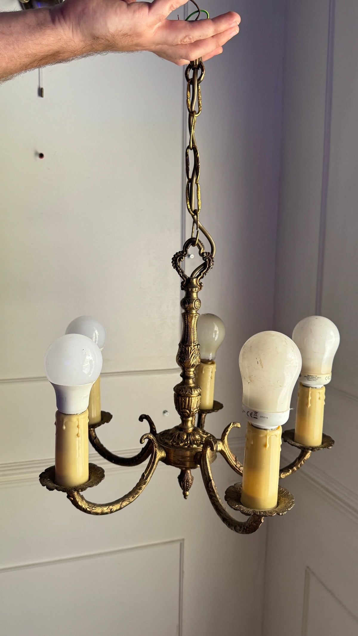 Vintage Brass 5 Arm Chandelier with Lace Tassel Lampshades
